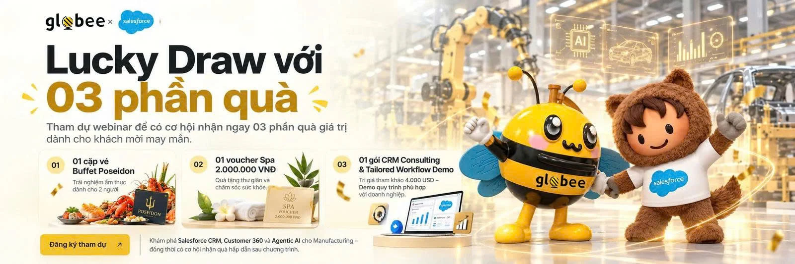 Lucky Draw Globee × Salesforce với ba phần quà: cặp vé Buffet Poseidon, voucher Spa 2 triệu đồng và gói tư vấn CRM cùng demo workflow