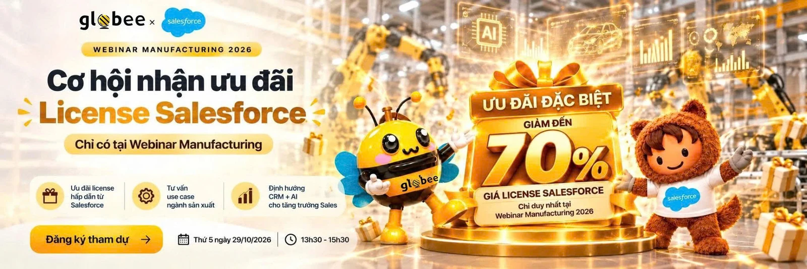 Poster ưu đãi license Salesforce tại Webinar Manufacturing 2026 của Globee × Salesforce